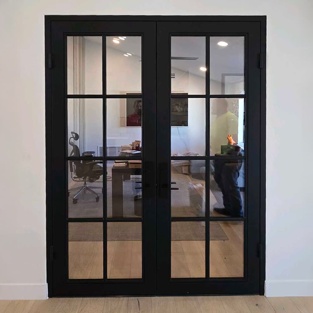 Black-framed glass office doors