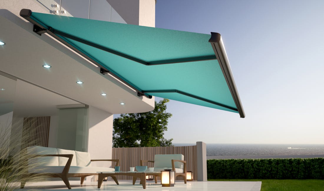 solar-powered retractable window awning over patio