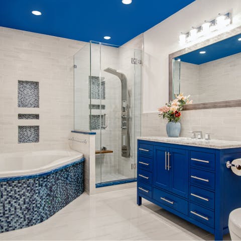 blue bathroom with glass shower enclosure