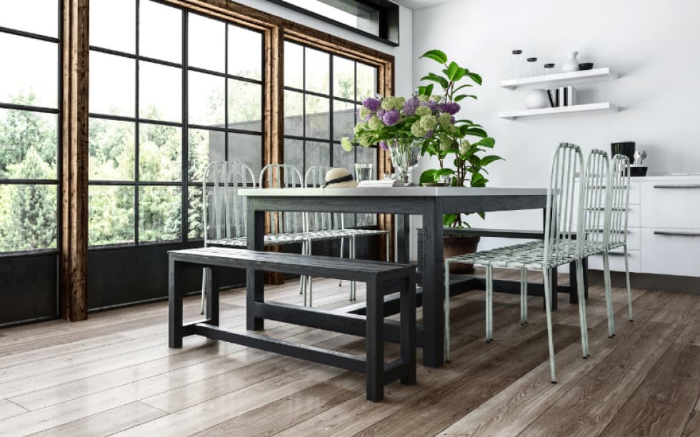 Dining room with floor to ceiling windows